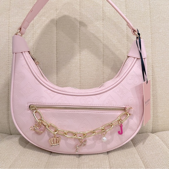 NEW Juicy Couture Pink Powder Blush Embossed Shoulder Bag Top Notch Hobo Chain - Picture 4 of 8
